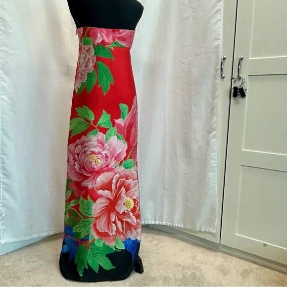 Zara red tropical floral flower strapless maxi dress front slit Sz S NWT - Picture 9 of 16